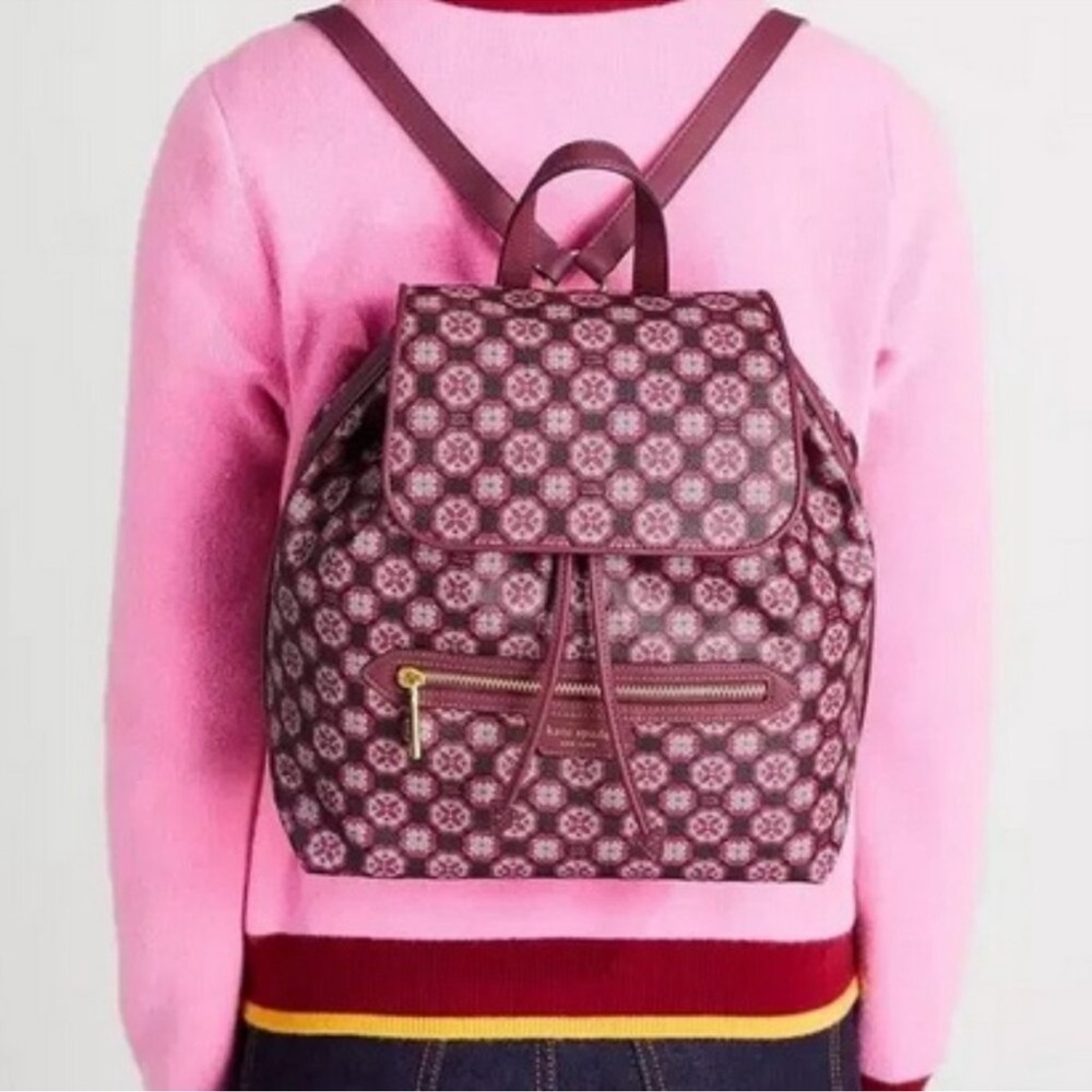 Kate Spade Monogram Flower Mia Medium Flap Backpack in Garnet Rose NWT - Picture 1 of 6